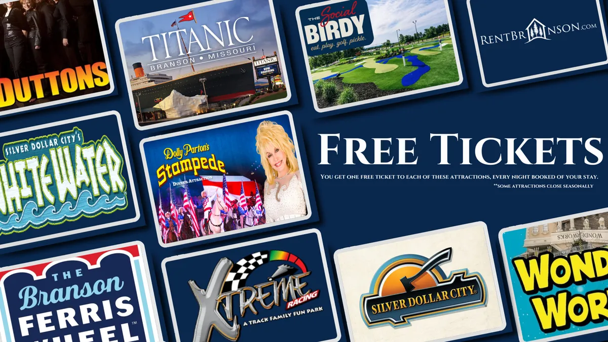 An interior promotional display filled with attraction logos and family-friendly imagery, highlighting exciting local attractions and experiences available to guests.